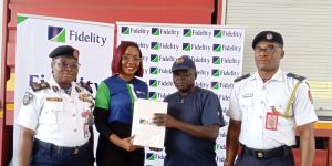 L-R: Lagos State Controller, Federal Fire Service, CF (Controller of Fire), Adebayo Funke; Tolulope Rojaiye, Marketing Business Partner, Fidelity Bank Plc; Assistant Superintendent of Fire, Ishola Folorunsho Olufemi; and Station Commander, Onikan Fire Station, Lagos, Okeke Ferdinand; during the donation of firefighting equipment to the Federal Fire Service at Ikoyi, Lagos, recently.